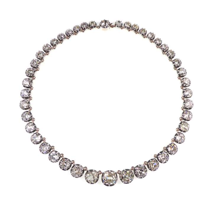 Graduated cushion diamond collet necklace